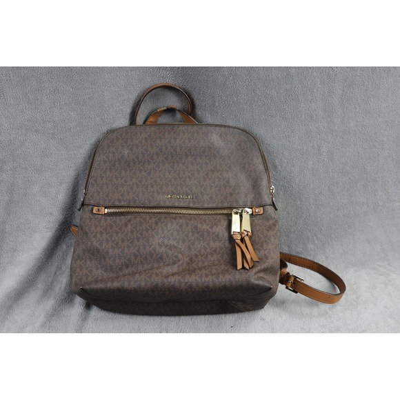 Michael Kors Handbags - Michael Kors Backpack Womens Medium Brown MK Logo Monogram Leather Trim Zip